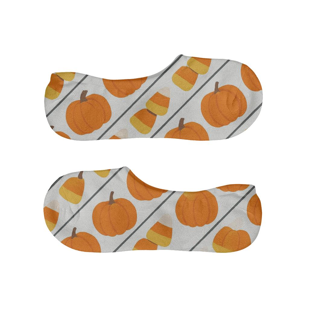 Orange Pumpkin And Candy Corn Diagonal Twill On White Background personalized invisible socks