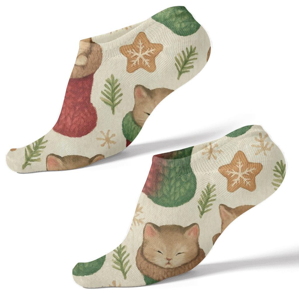 Knitted Stocking Sleepy Kittens Grid On Warm Ivory Background custom ankle socks