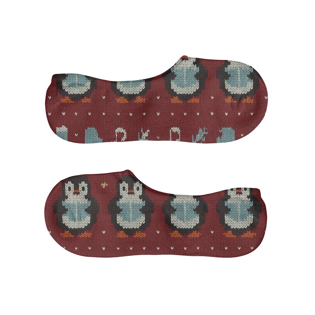 Knitted Penguin Carolers Stripe Bands On Cranberry Red Background designer printed no-show socks