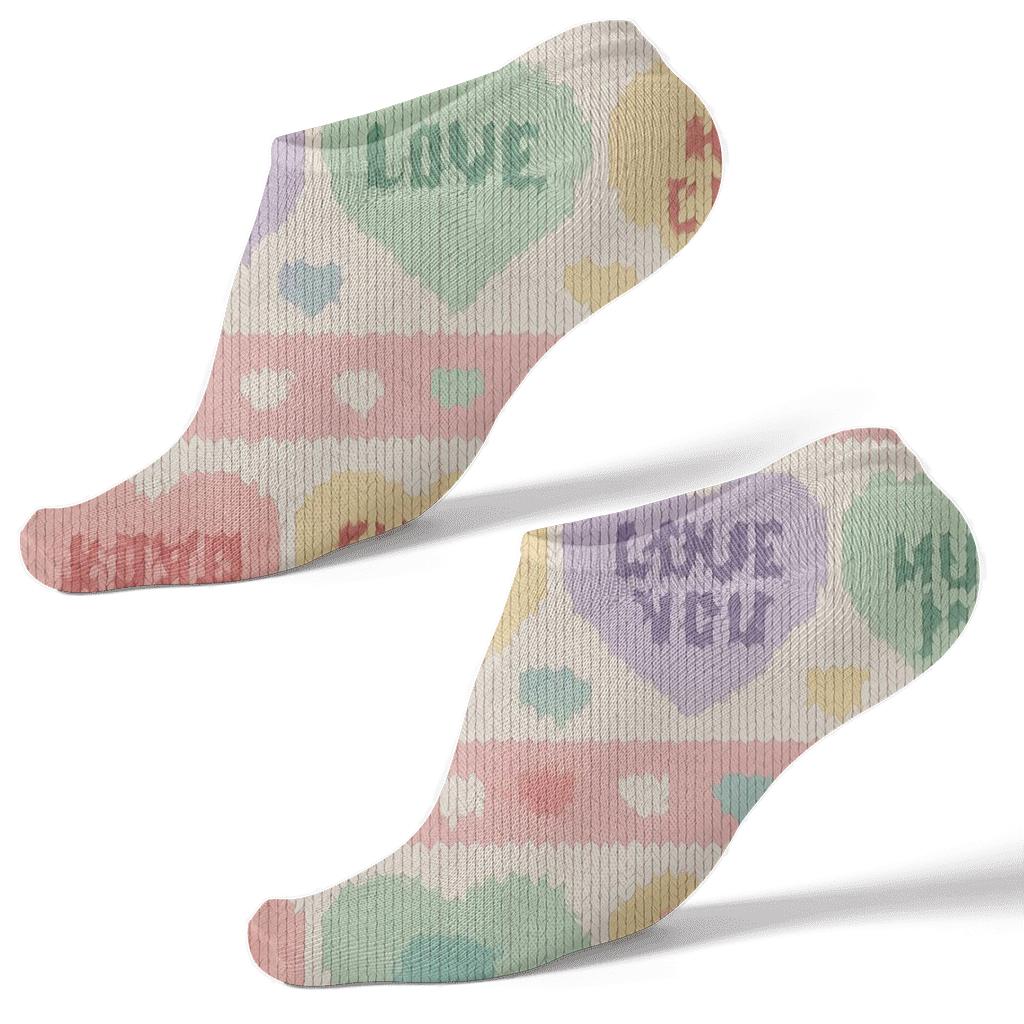 Conversation Heart Knit Illusion Bands On Pastel Pink Background stylish athletic ankle socks