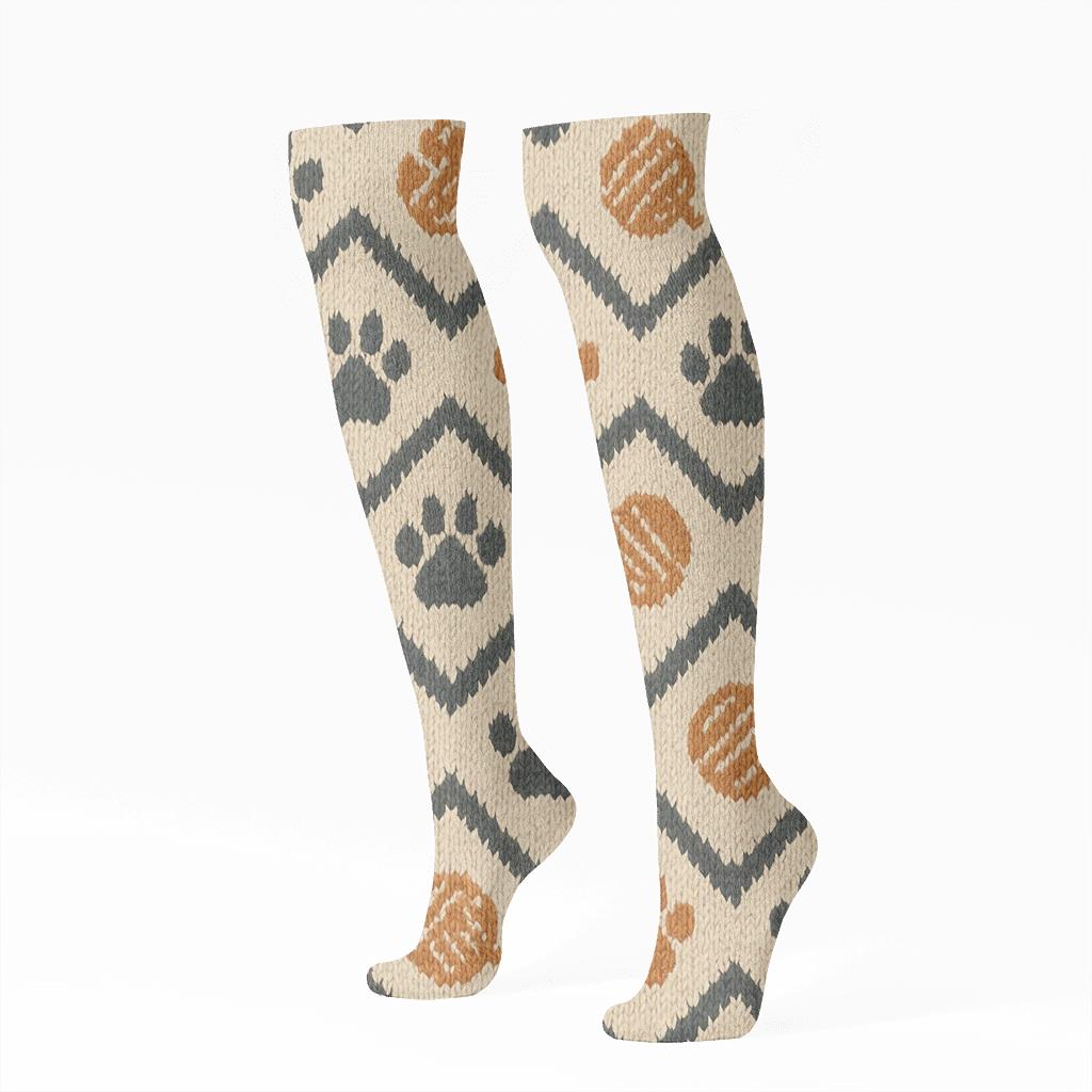 Cat Paw Chevron On Warm Cream Background unique graphic knee-high socks