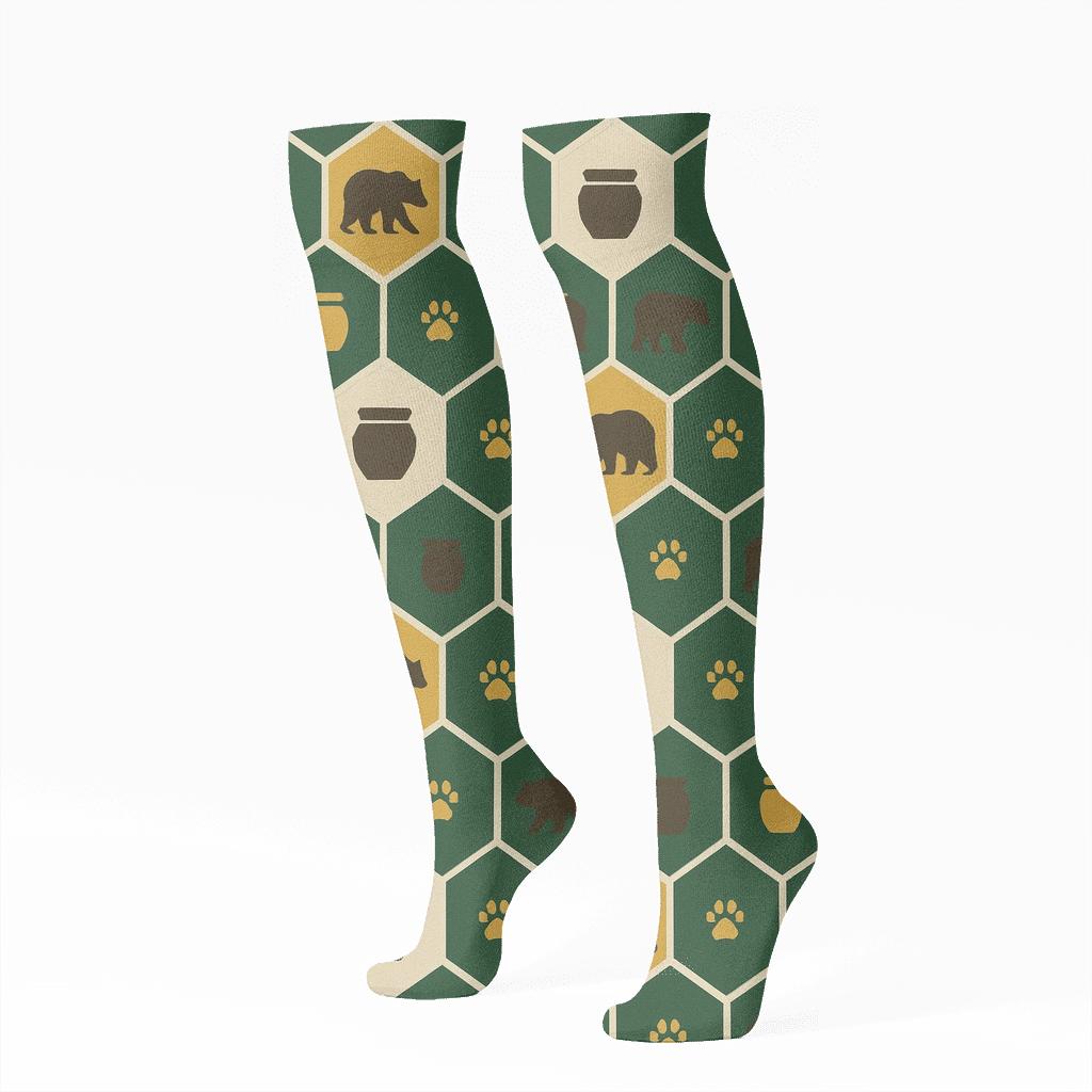 Honey Lattice With Bear Silhouettes designer print knee-high socks