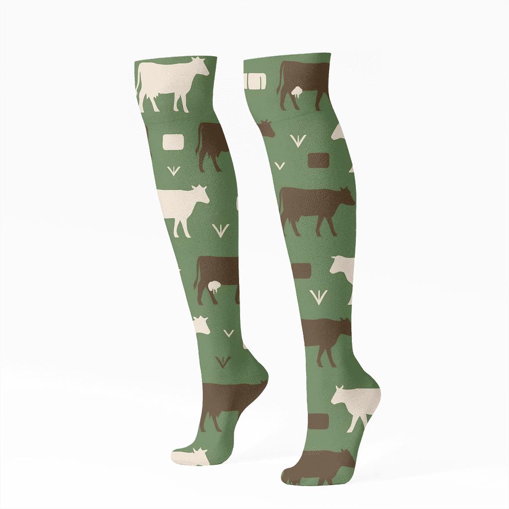 Pasture Green Tile Pattern With Cow Silhouette Parade comfortable cotton knee-high socks