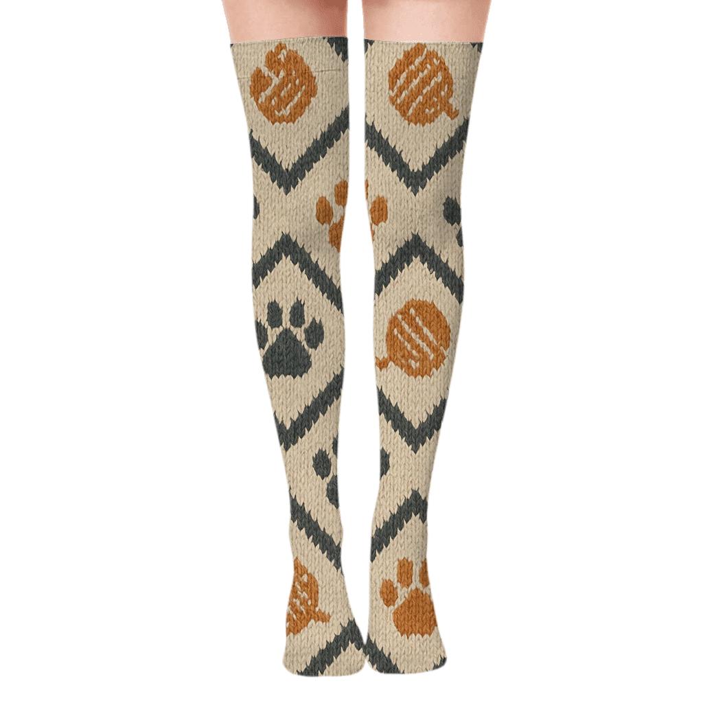 Cat Paw Chevron On Warm Cream Background unique graphic over-the-knee socks