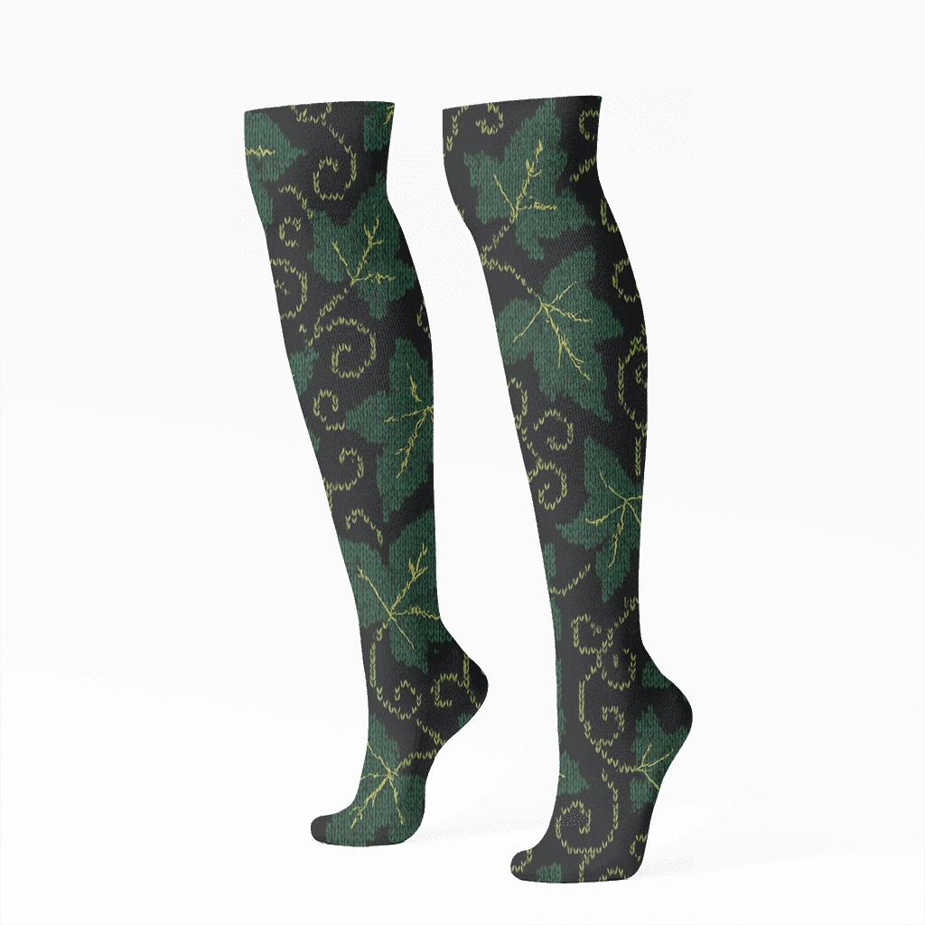 Knitted Ivy Silhouette Tessellation On Deep Black soft everyday knee-high socks