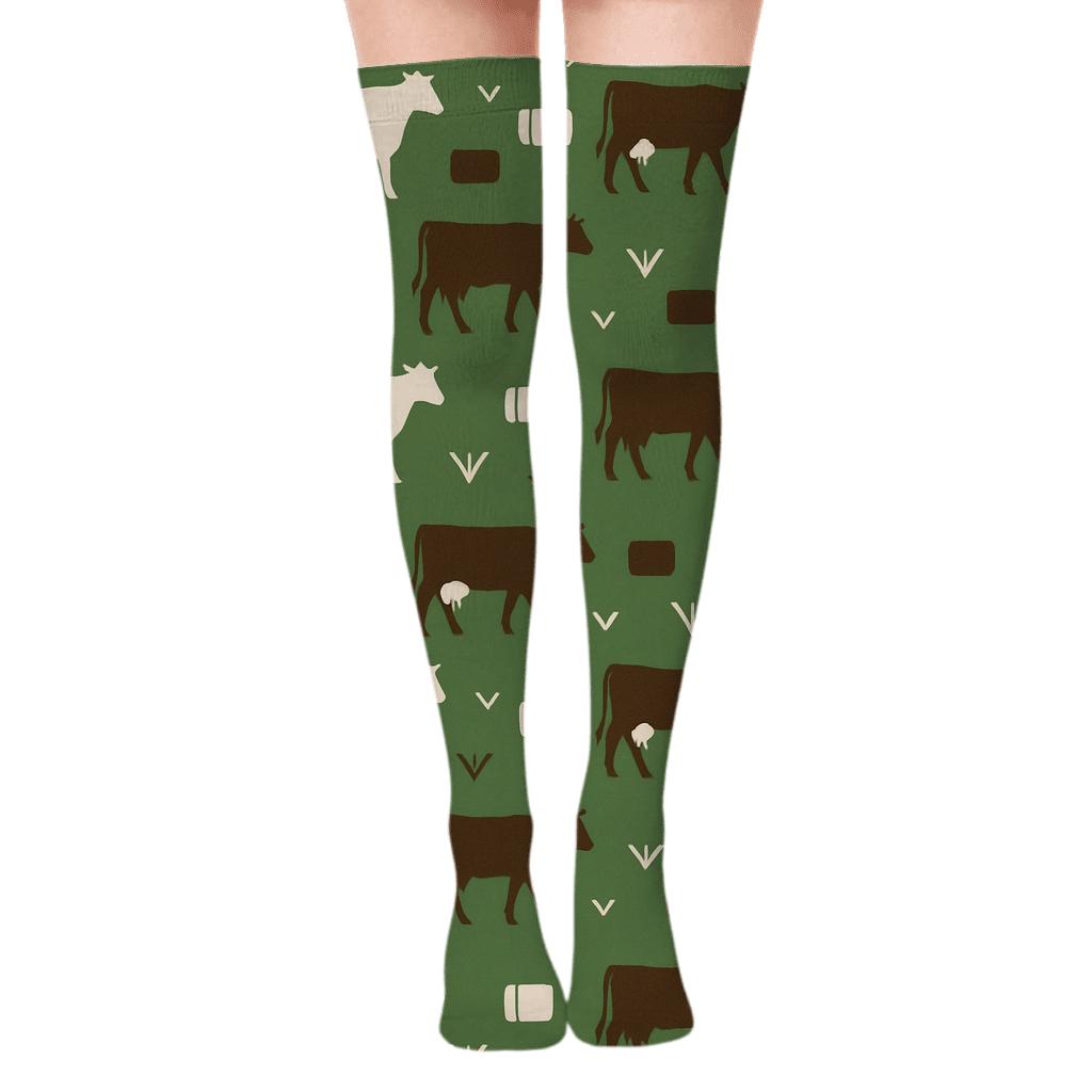 Pasture Green Tile Pattern With Cow Silhouette Parade soft everyday over-the-knee socks