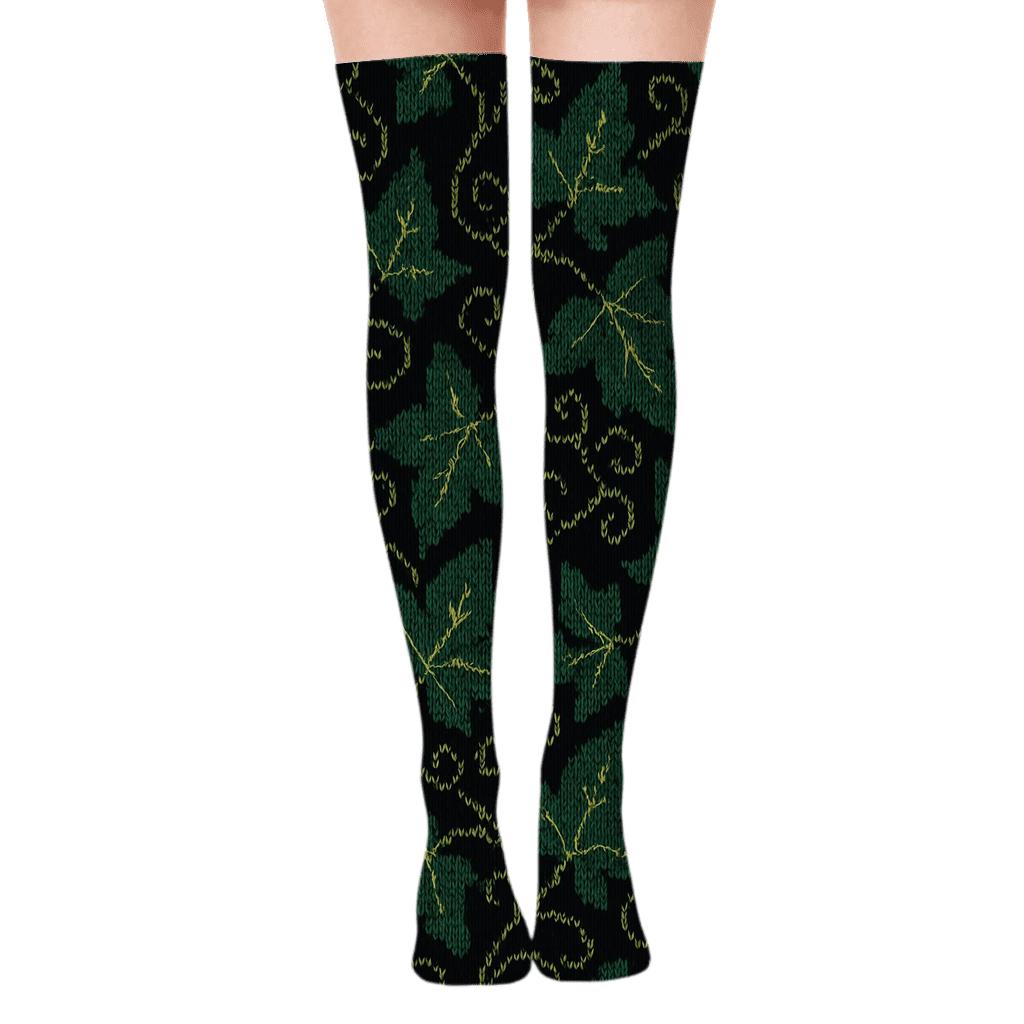 Knitted Ivy Silhouette Tessellation On Deep Black premium cozy over-the-knee socks