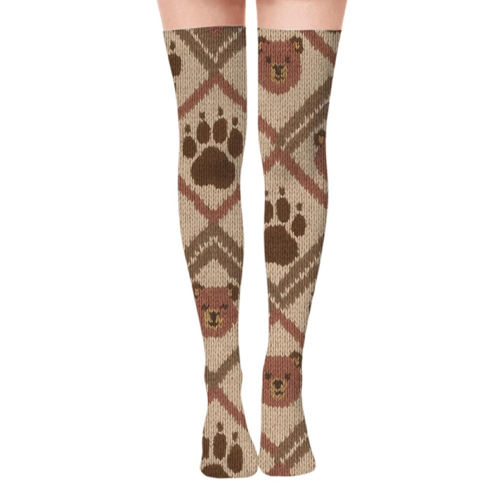 Bear Knit Illusion Paw Chevron designer print over-the-knee socks