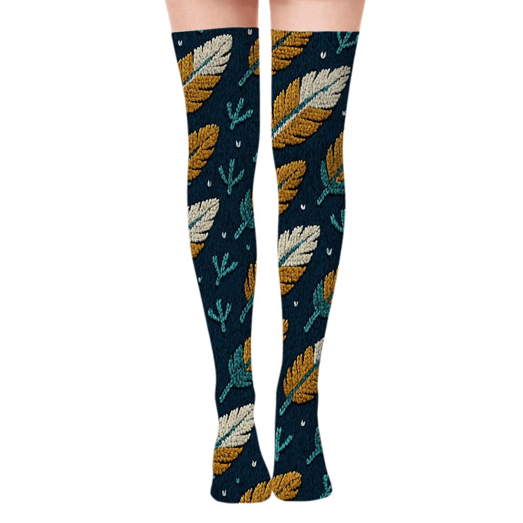 Knitted Illusion Duck Feather Cable Repeat comfortable cotton over-the-knee socks