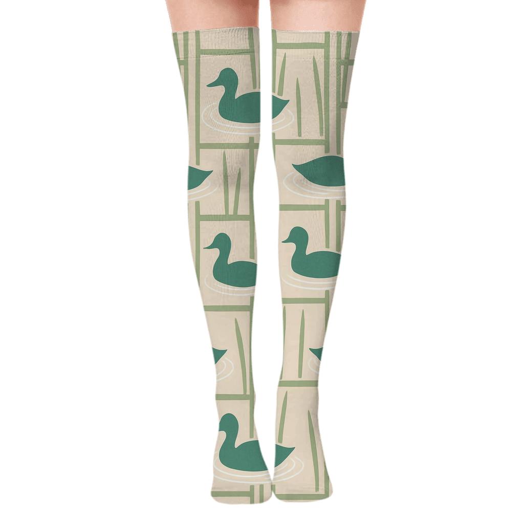 Pond Reeds Lattice With Duck Silhouettes trendy patterned over-the-knee socks