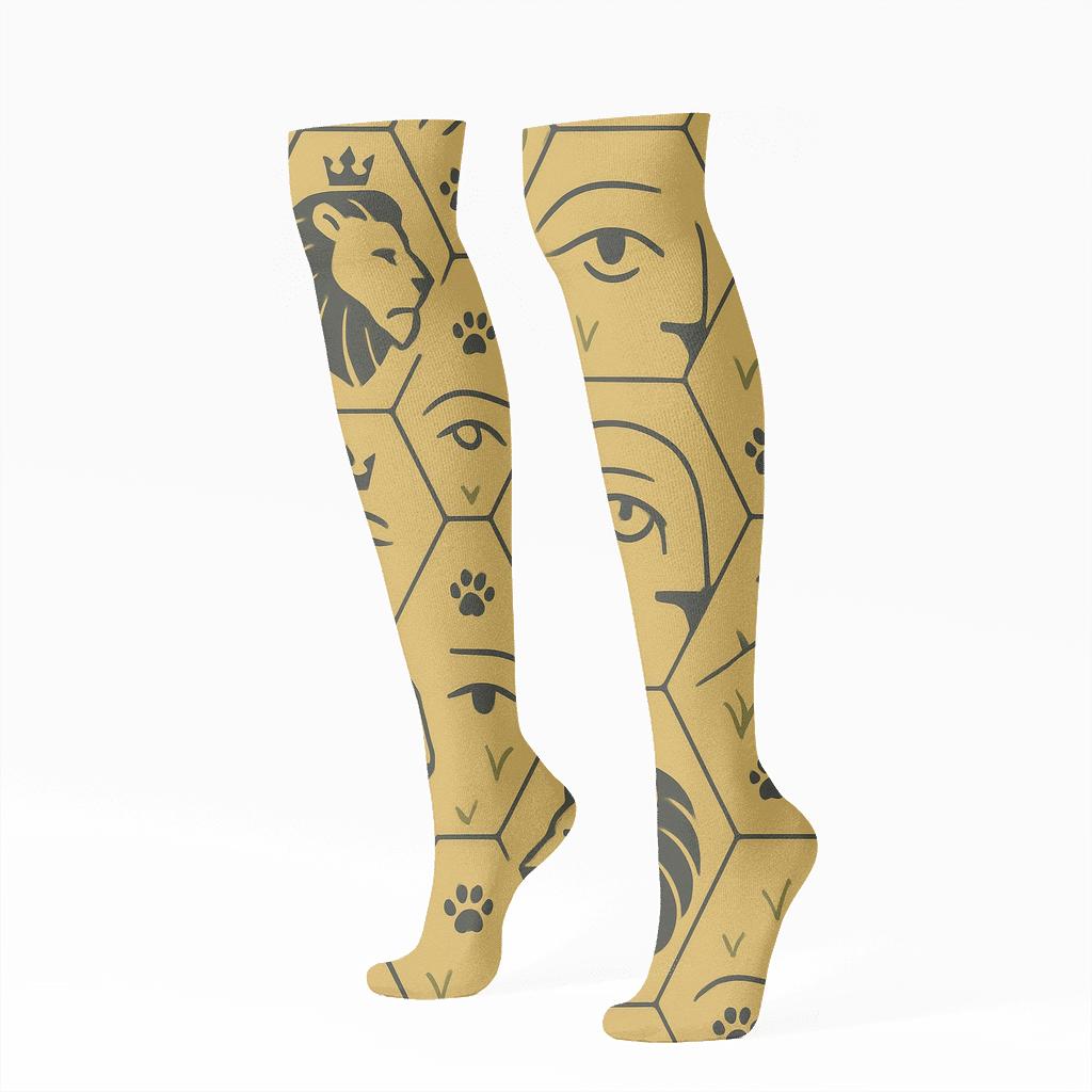 Minimalist Crowned Silhouettes, Lion-Grade Tessellation designer print knee-high socks