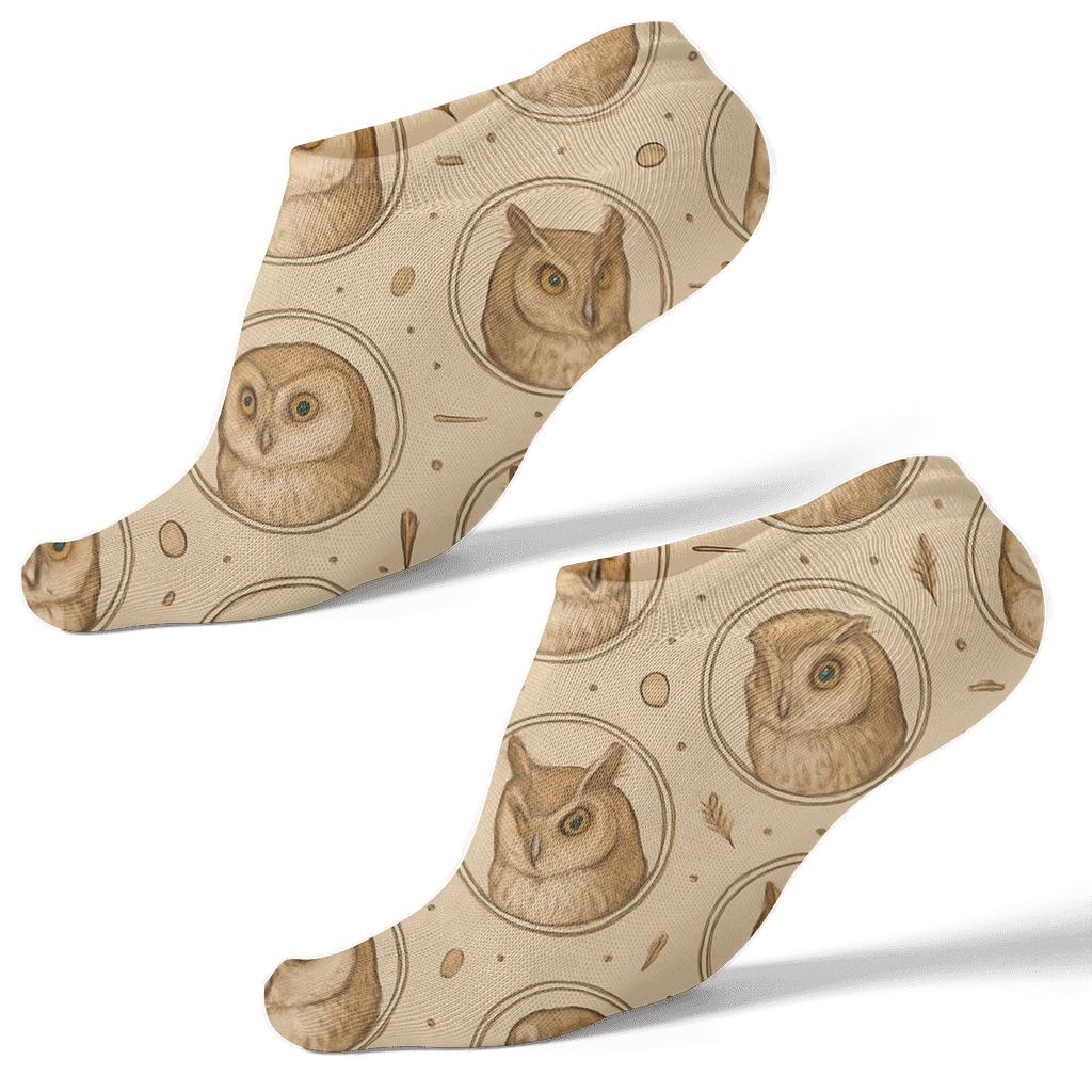 Vintage Owl Portrait Medallions On Warm Beige Background stylish athletic ankle socks