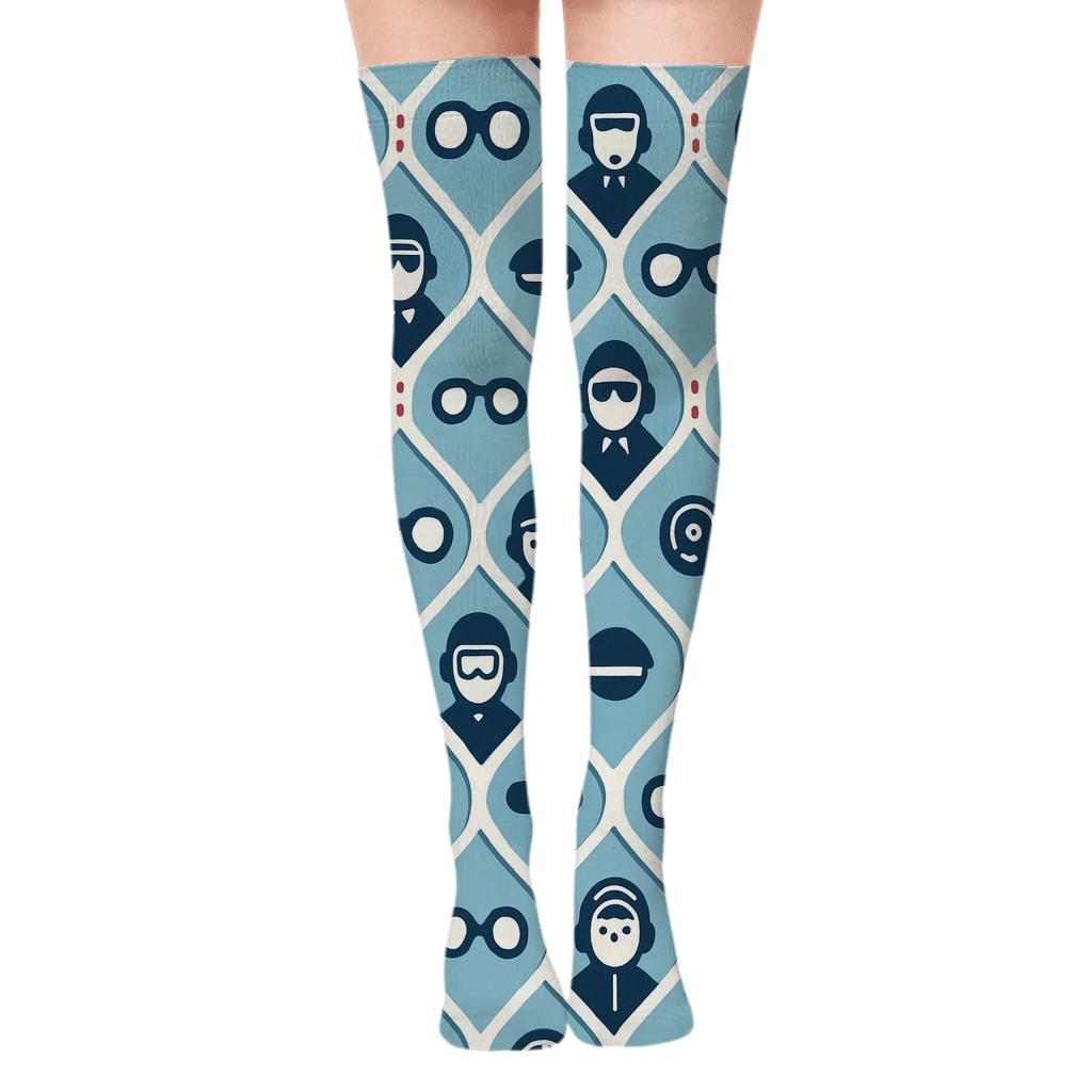 Cloud Lattice With Pilot Gear Accents designer print over-the-knee socks