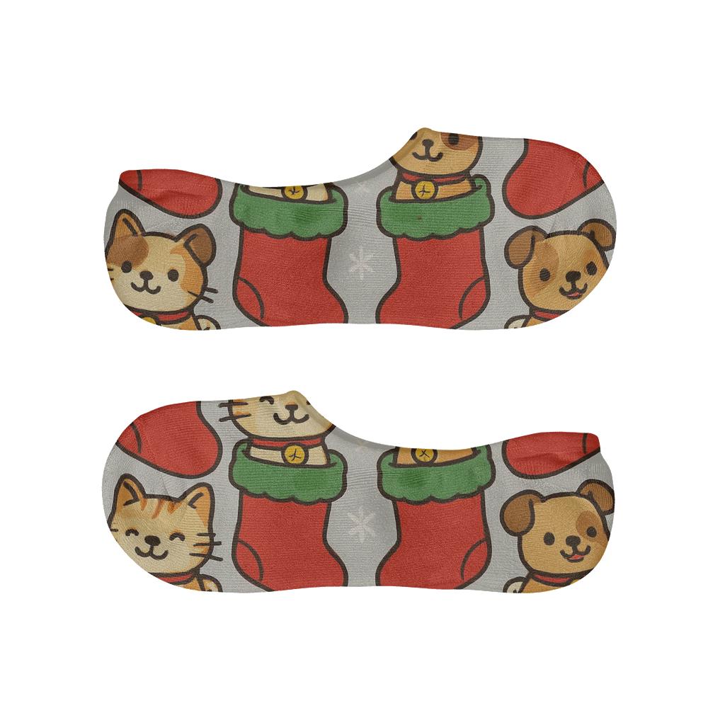 Holiday Pets In Stockings Mirrored Pair Design soft cotton no-show socks