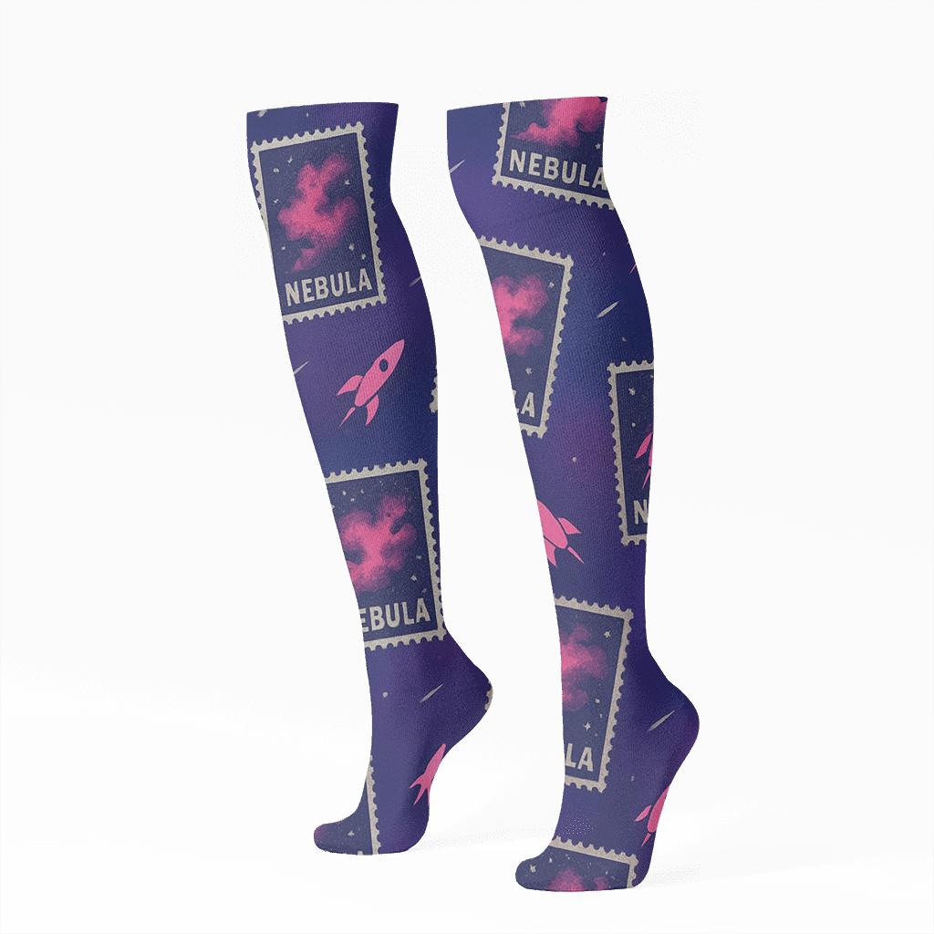 Retro Futurist Nebula Stamp Toss comfortable cotton knee-high socks