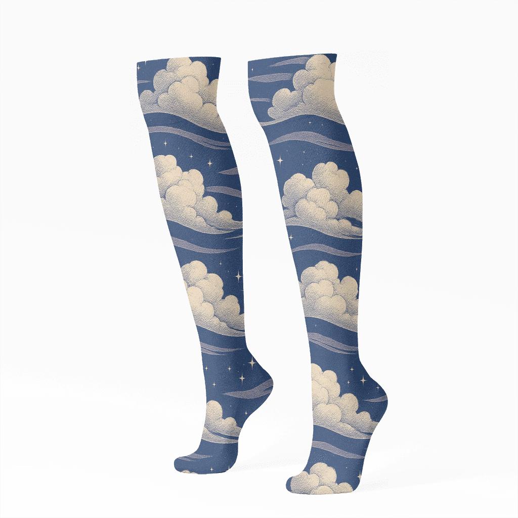 Twilight Indigo Clouds Wave Lattice custom knee-high socks