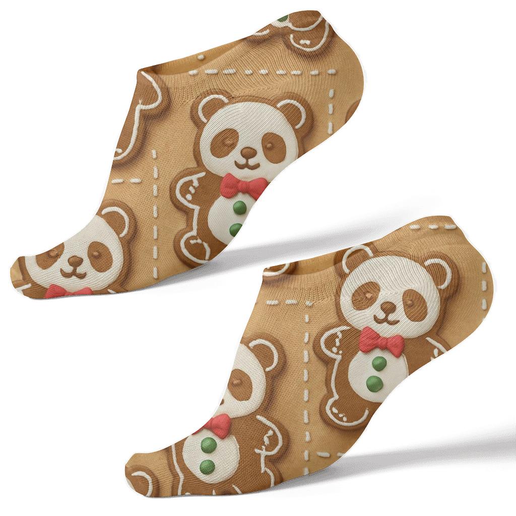 Gingerbread Panda Scatter With Icing Borders On Warm Beige Background trendy patterned ankle socks