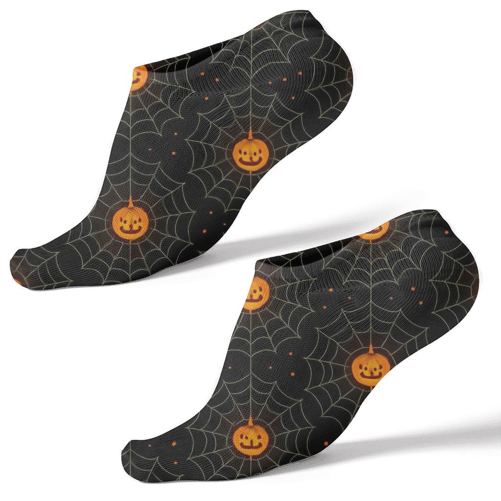 Spider Web Rosette Tiles With Pumpkin Centers On Black Background unique graphic ankle socks