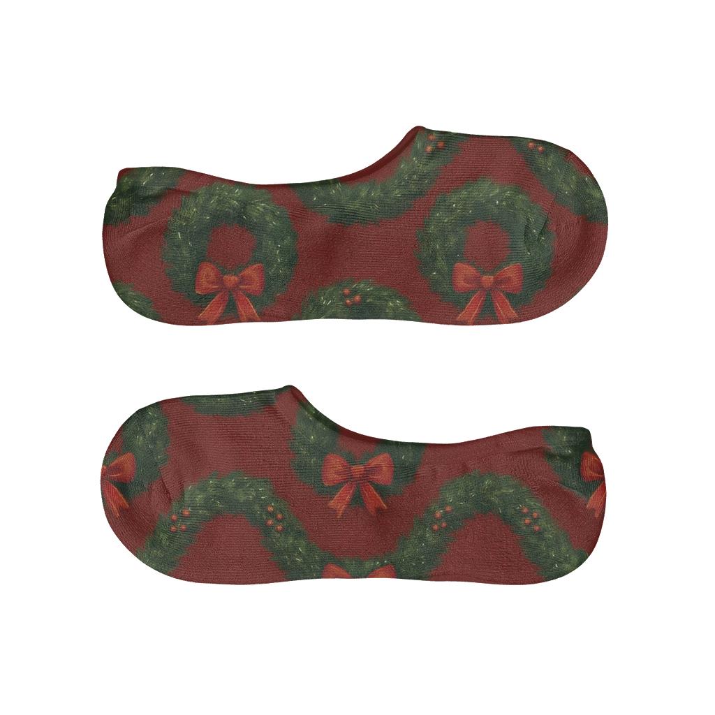 Xmas Wreath Wave On Red Background designer print no-show socks