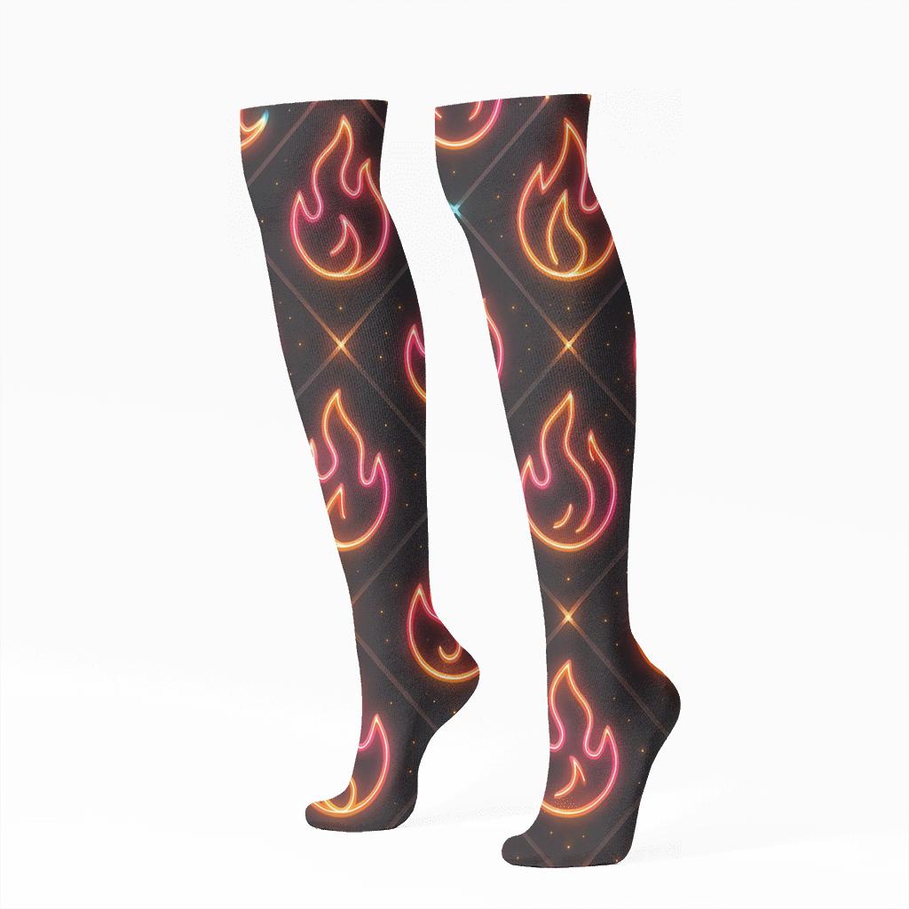 Neon Flame Signage Diamond Repeat On Charcoal Black Background custom knee-high socks