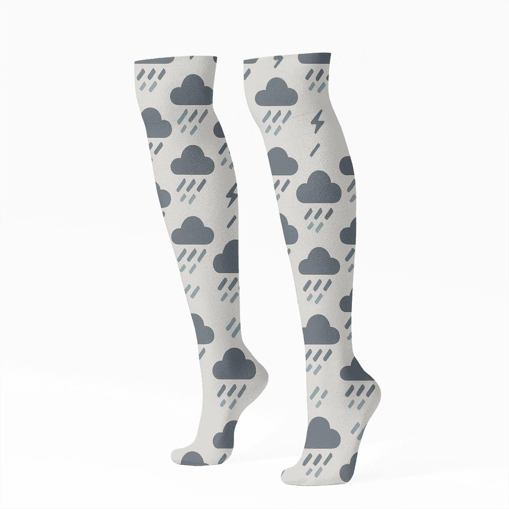 Rain Drop Chevron On Gray Background With Clouds comfortable cotton knee-high socks