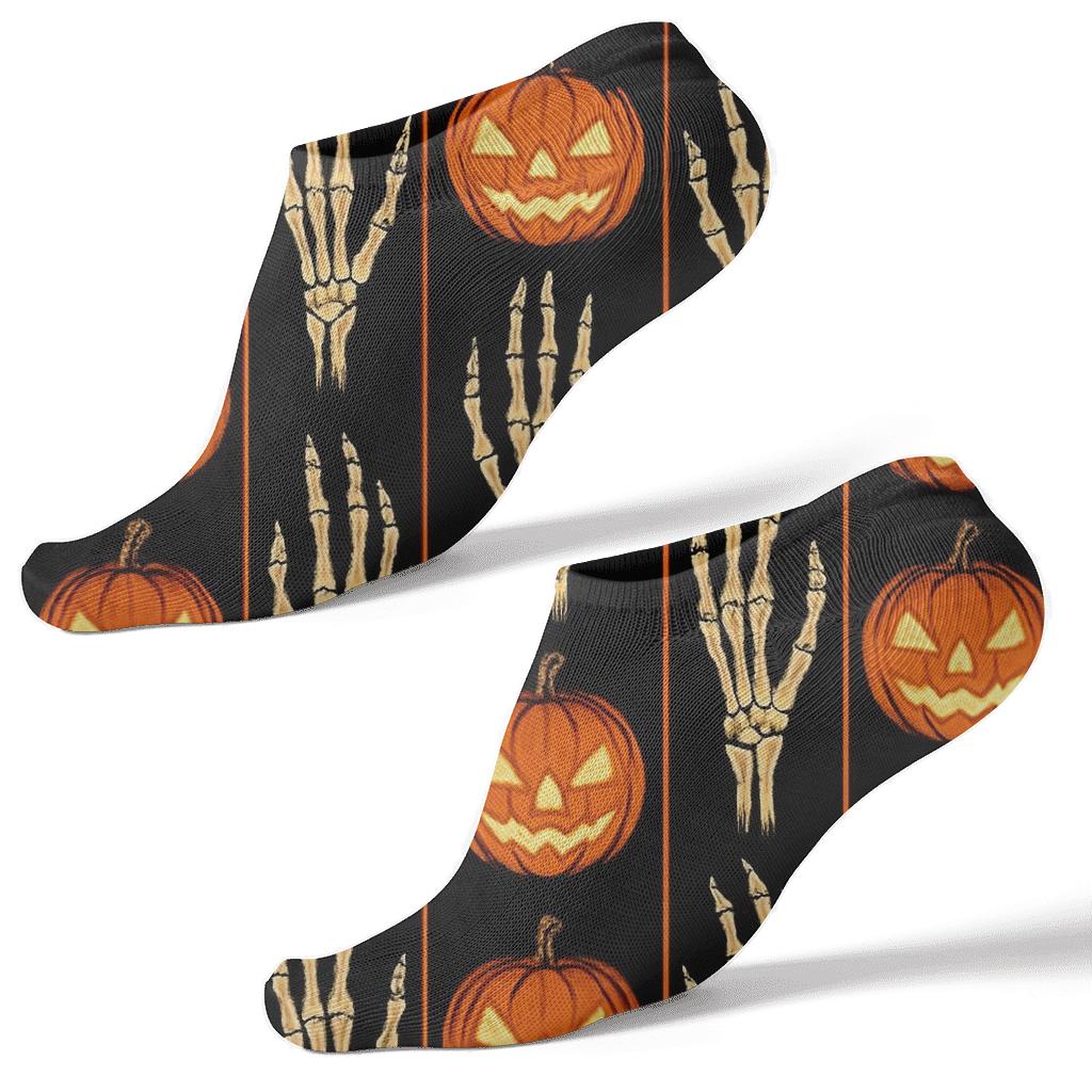 Skeleton Hand And Jack O Lantern Alternating Bars On Black Background designer print ankle socks