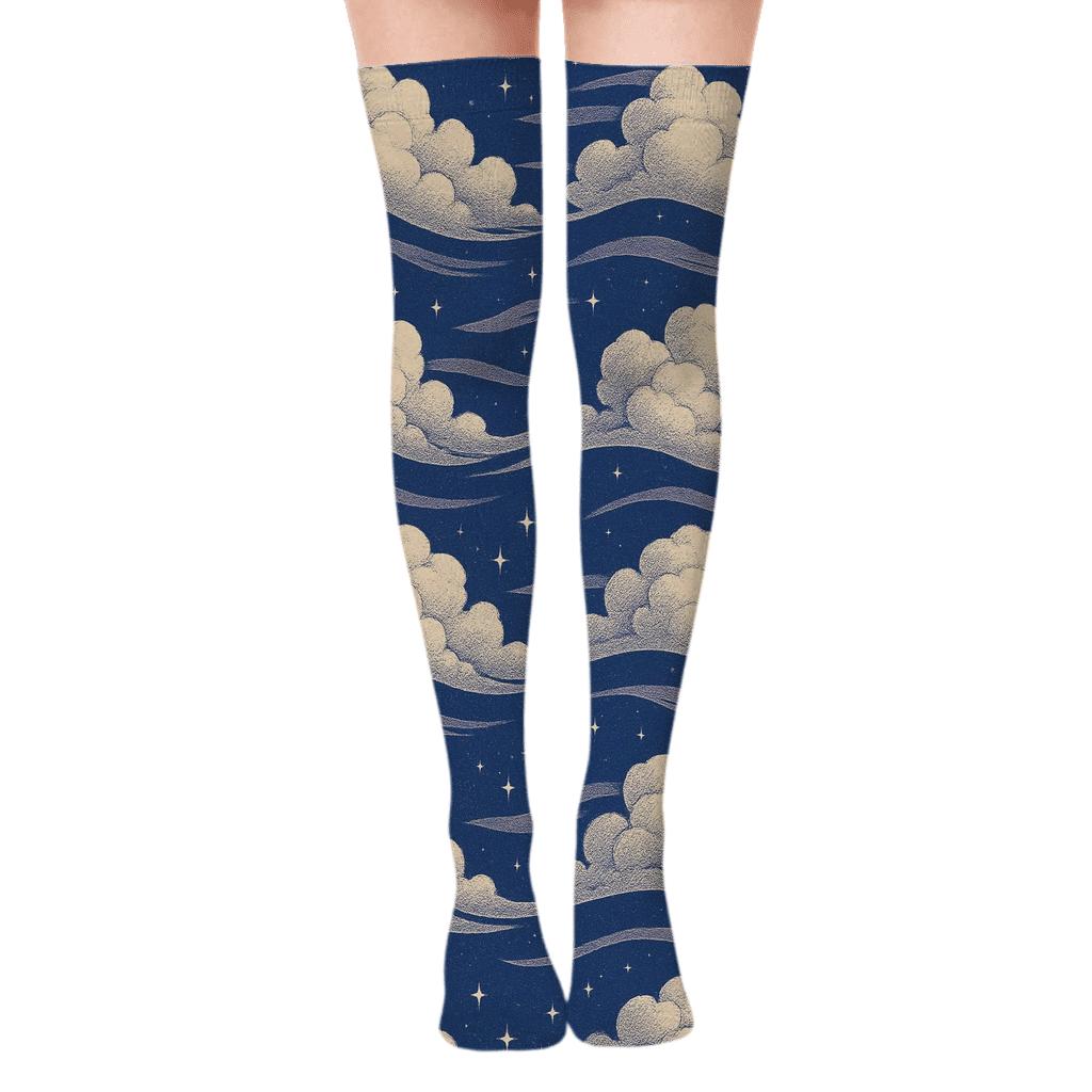 Twilight Indigo Clouds Wave Lattice stylish fashion over-the-knee socks