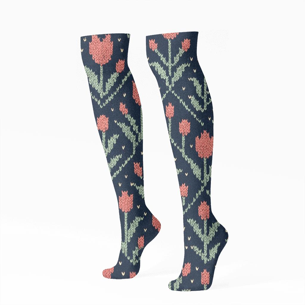 Tulip Knit Lattice On Navy Background unique graphic knee-high socks