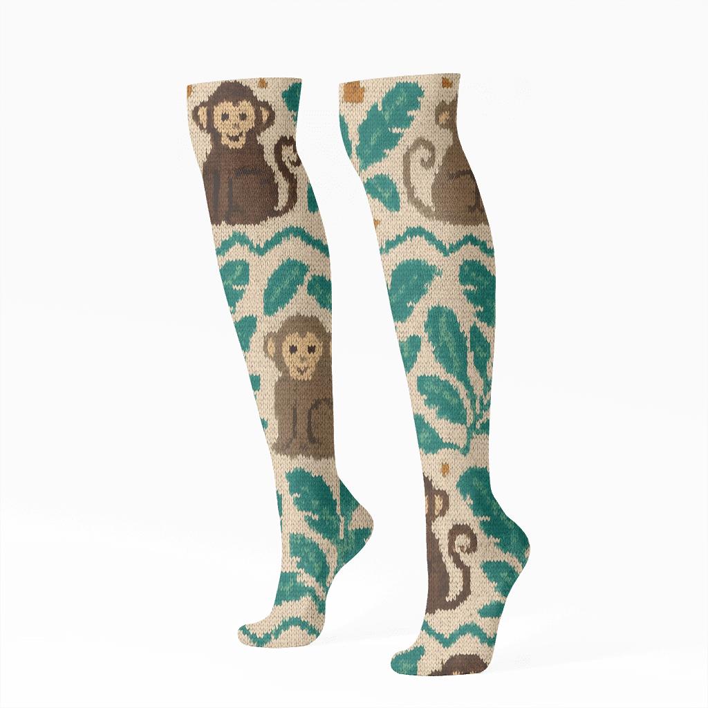 Knitted Jungle Vines Monkey Pattern designer print knee-high socks