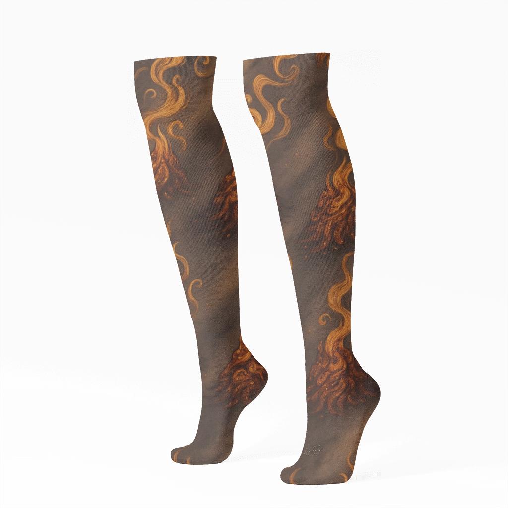 Molten Copper Bonfire Swirl Collage On Warm Ash Brown Background comfortable cotton knee-high socks