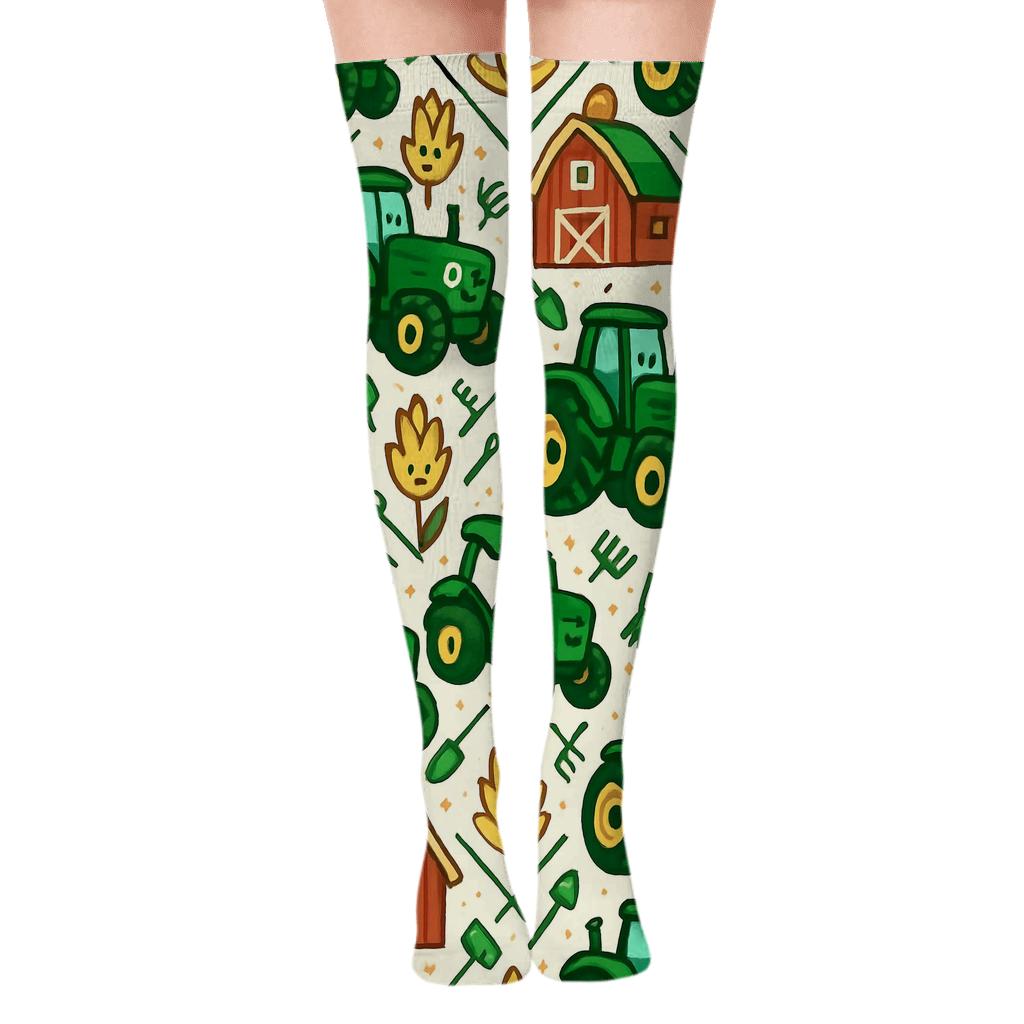 Tractor Parade Farmer Tilework designer print over-the-knee socks