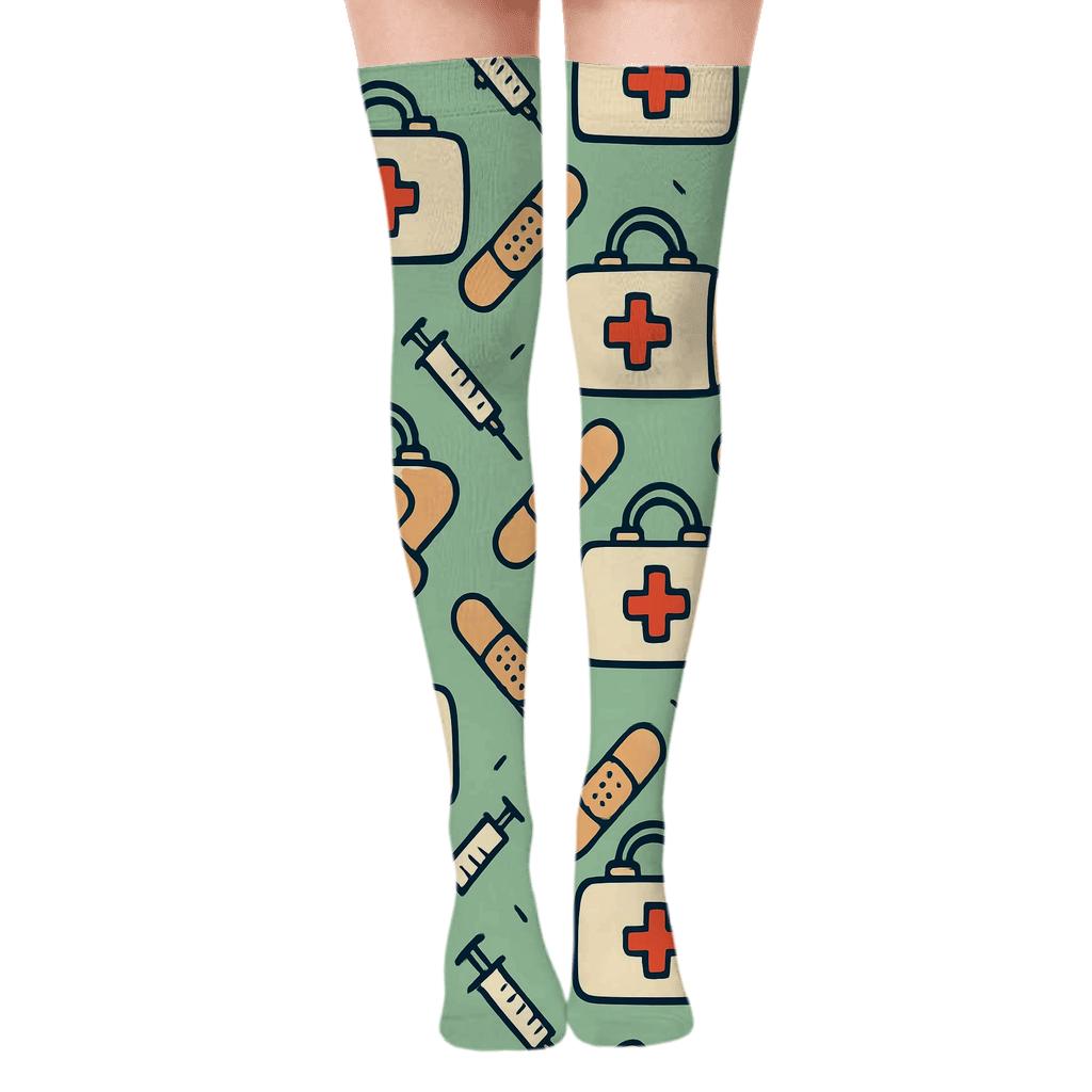 Doctor Bag Parade Repeat On Hospital Green trendy patterned over-the-knee socks