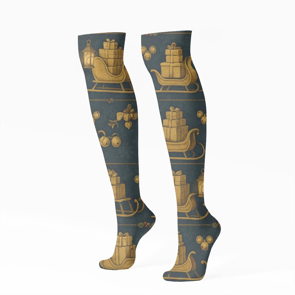 Lantern Lit Pattern With Sleigh Parade In Gold Accents trendy patterned knee-high socks