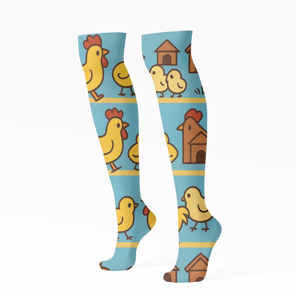 Rooster Parade With Chicken Spotlight Bands designer print knee-high socks