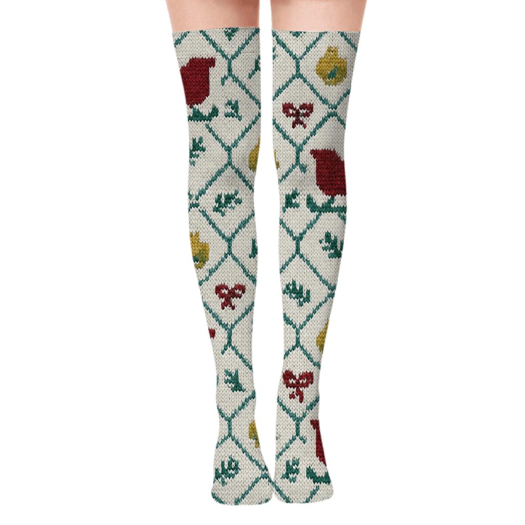 Knitted Fair Isle Sleigh Runner Lattice designer print over-the-knee socks
