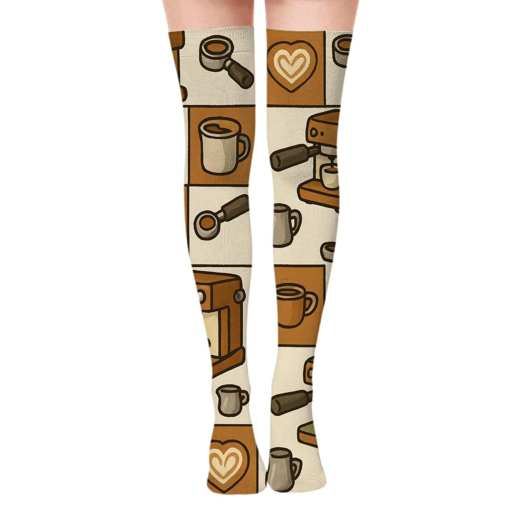 Checkerboard Espresso Tiles, Barista Edition designer print over-the-knee socks