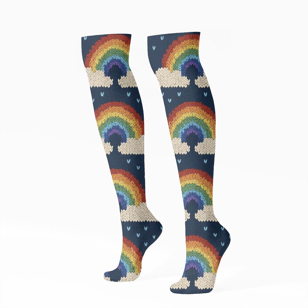 Rainbow Arc Knit Illusion Bands On Midnight Navy designer print knee-high socks