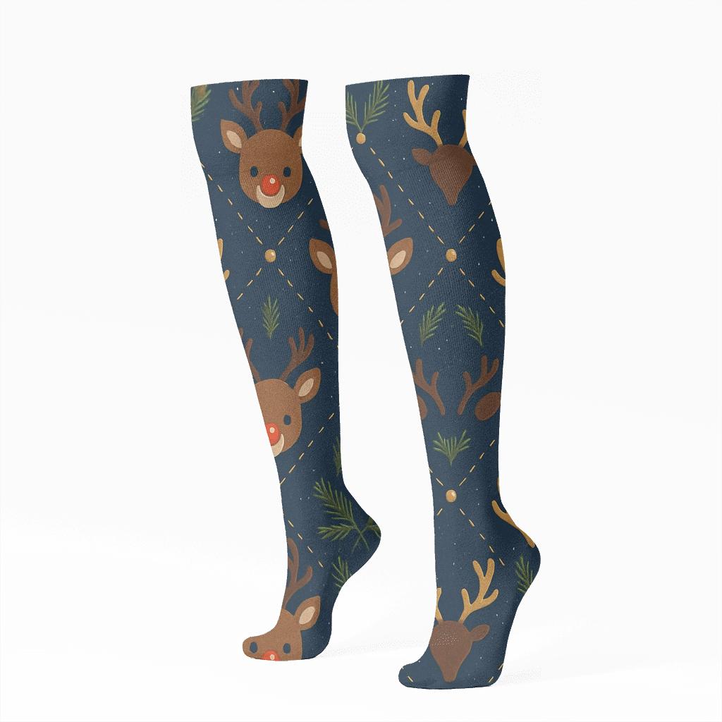 Pine Sprig Lattice With Rudolph Glow Accents personalized knee-high socks