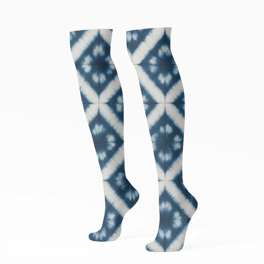 Indigo Shibori Diamond Ladder On Ivory Field custom knee-high socks