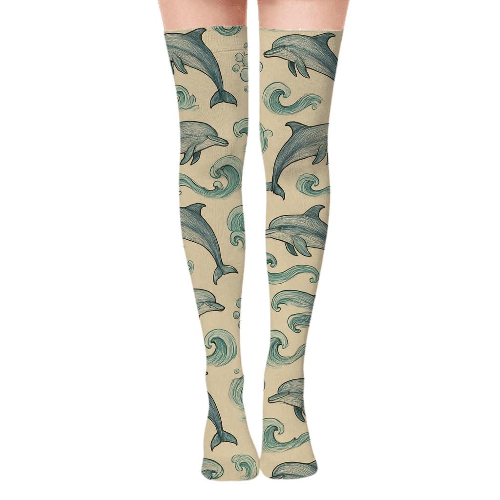 Tidal Lattice Dolphin Pattern Study comfortable cotton over-the-knee socks