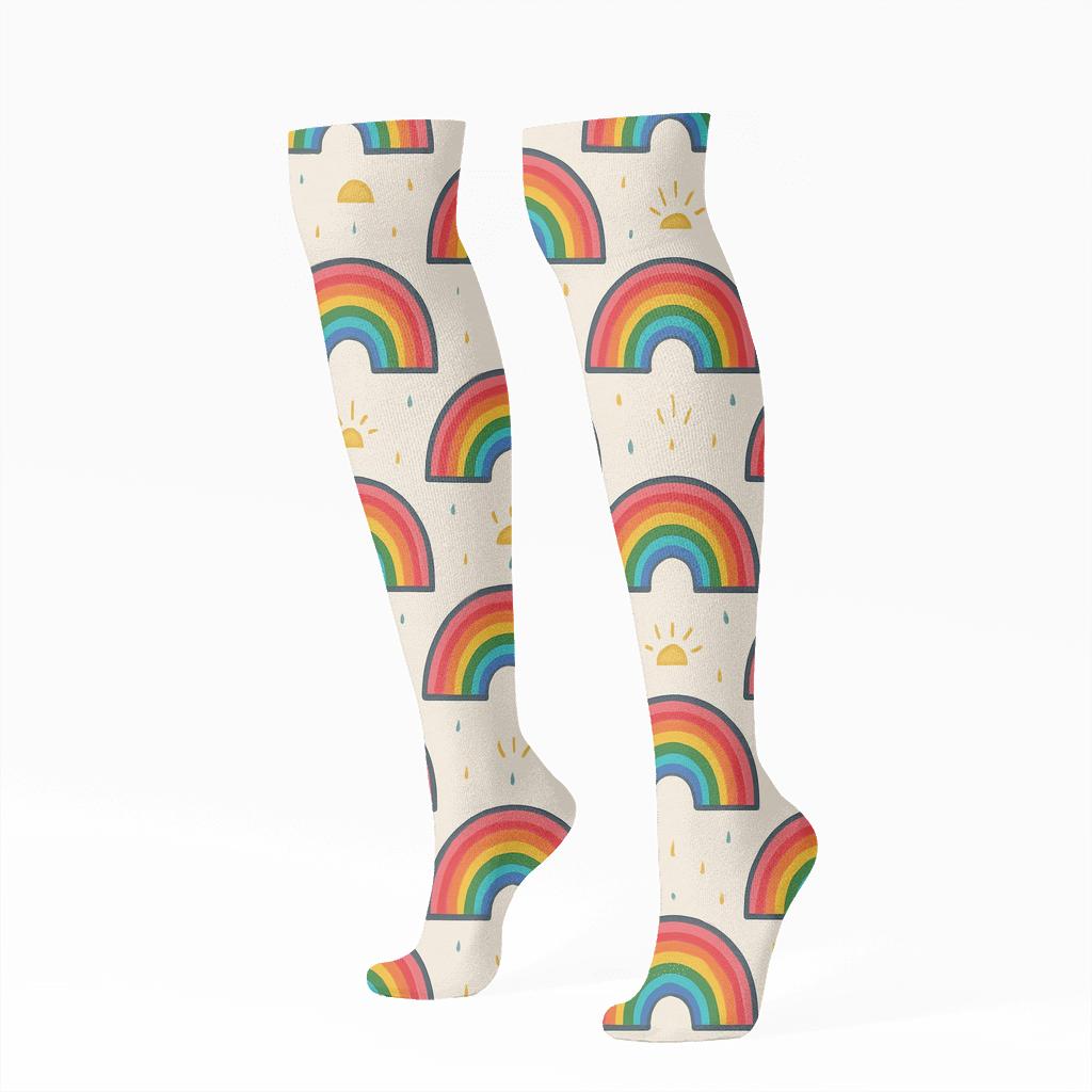 Minimal Rainbow Silhouette Grid With Sunbeam Tick Marks On Soft Ivory personalized knee-high socks