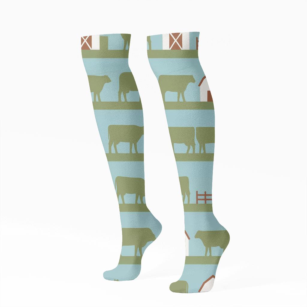 Barn Silhouette Grid With Rancher Sky Stripe Bands premium sports knee-high socks