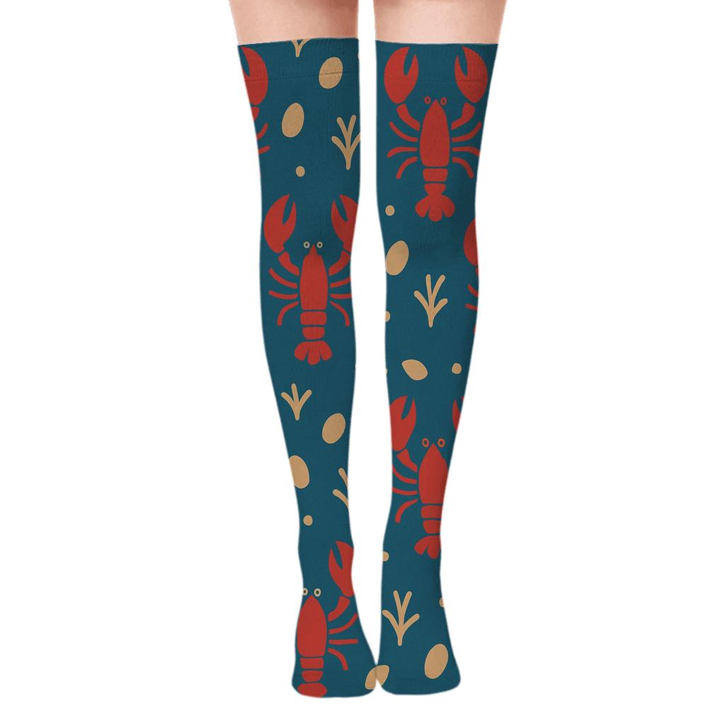 Ocean Blue Minimal Grid With Lobster Silhouettes comfortable cotton over-the-knee socks