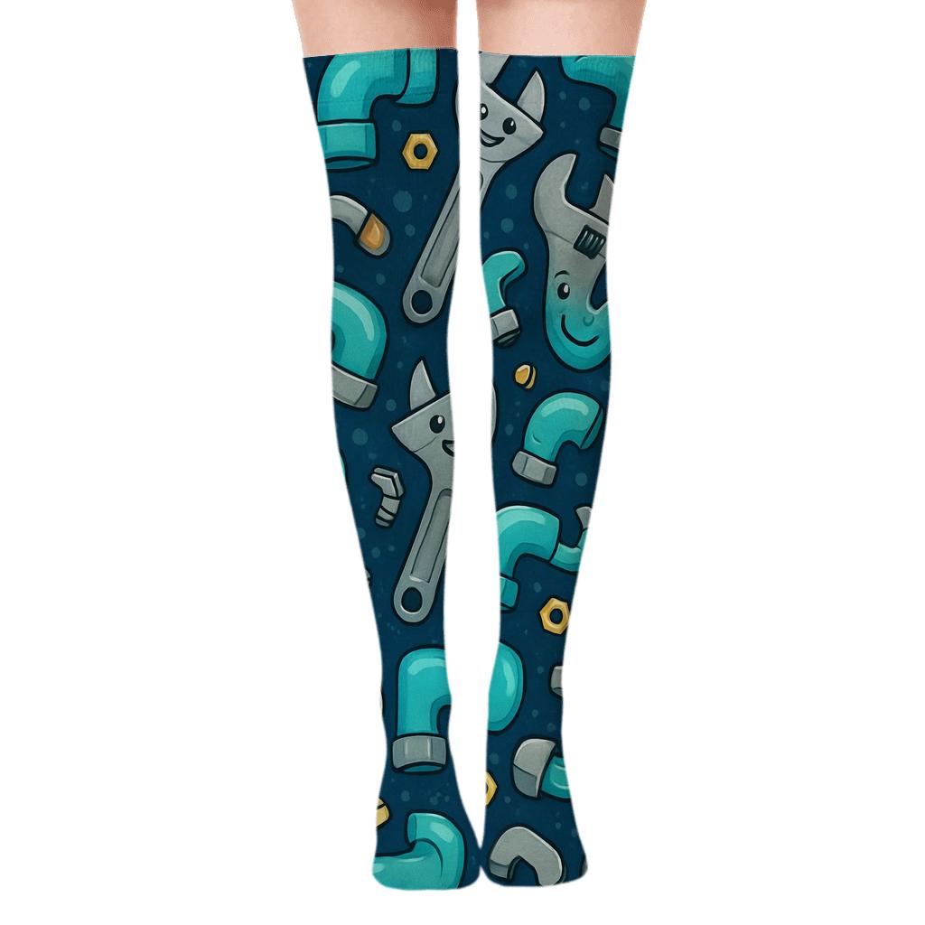 Pipework Party Pattern, Plumber Edition unique graphic over-the-knee socks