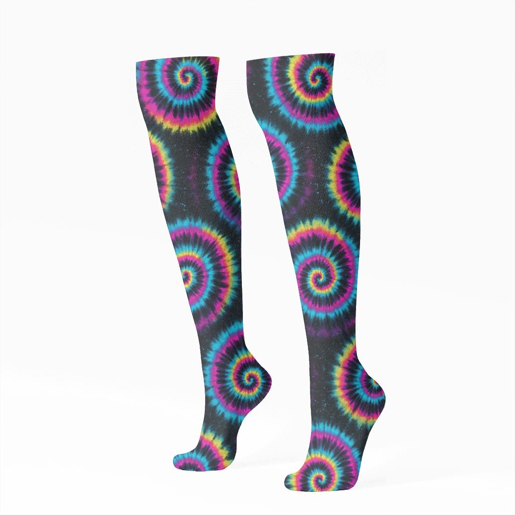 Neon Spiral Tile Vortex On Black Background soft everyday knee-high socks