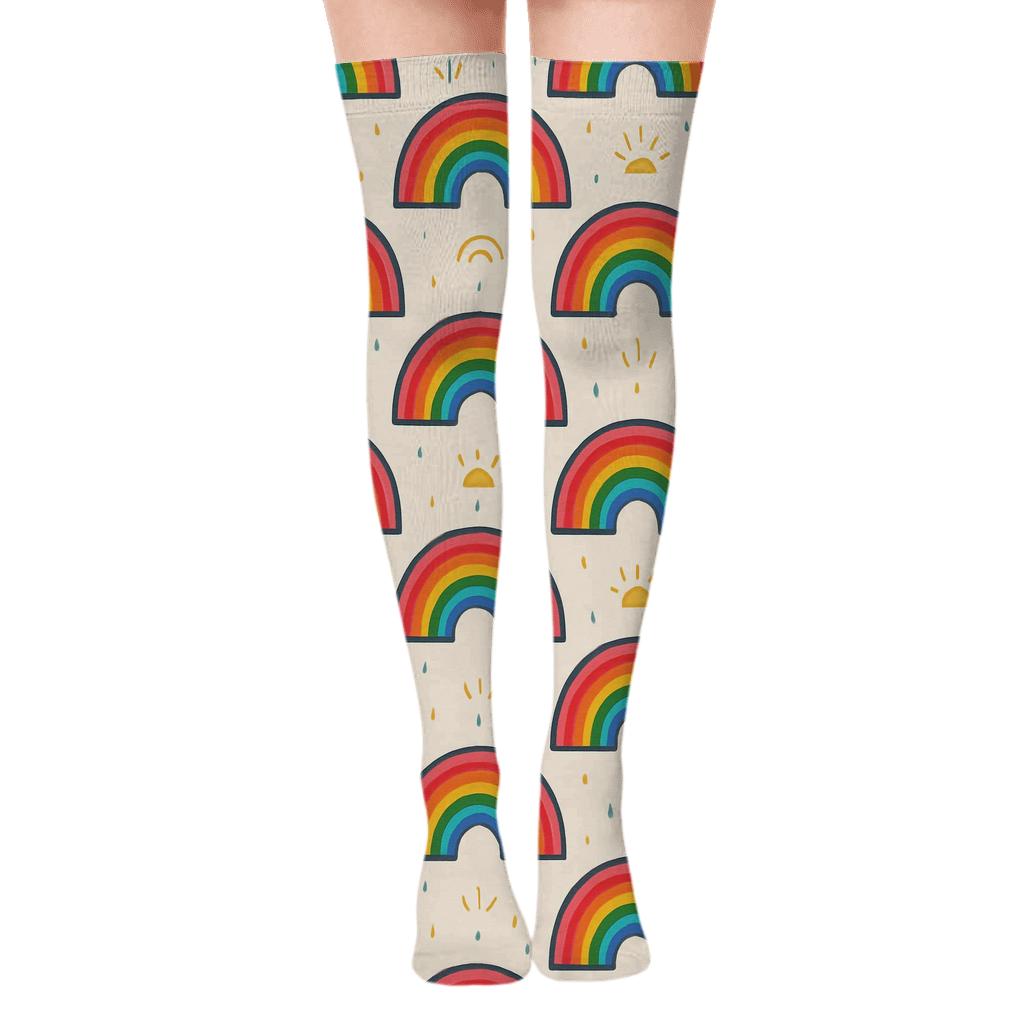 Minimal Rainbow Silhouette Grid With Sunbeam Tick Marks On Soft Ivory personalized over-the-knee socks