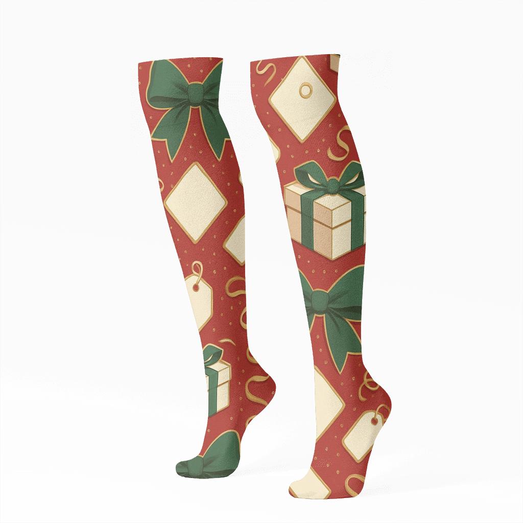 Presents Ribbon Stripe Lattice On Festive Red Ground comfortable cotton knee-high socks