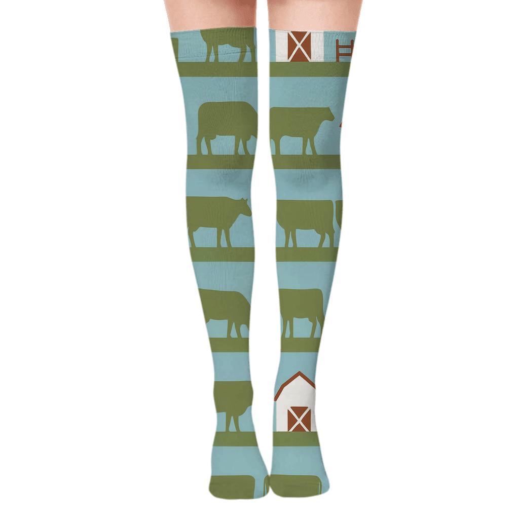 Barn Silhouette Grid With Rancher Sky Stripe Bands comfortable cotton over-the-knee socks