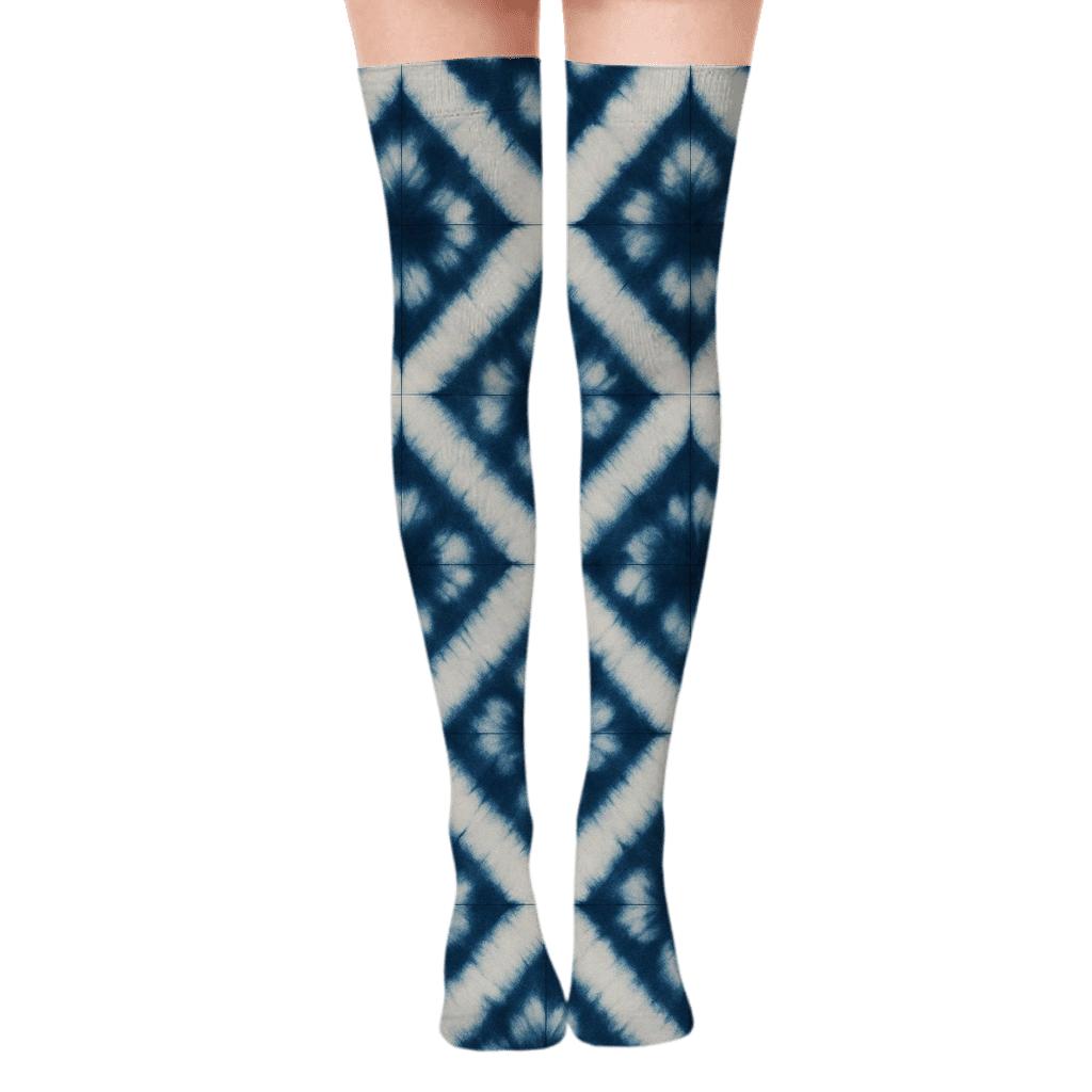 Indigo Shibori Diamond Ladder On Ivory Field custom over-the-knee socks