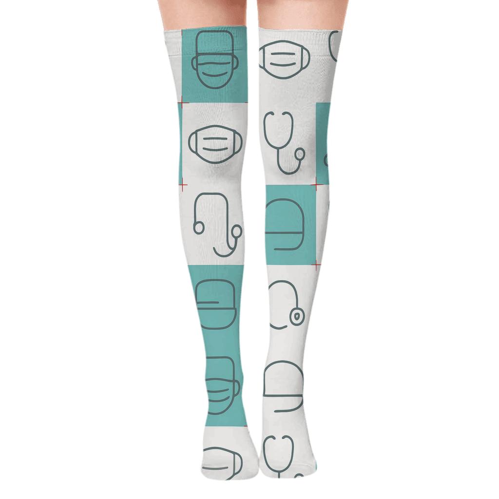 Minimal Grid With Surgeon Mask Icons comfortable cotton over-the-knee socks